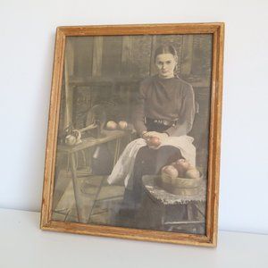 Vintage Art Print in Frame, Woman with Apples